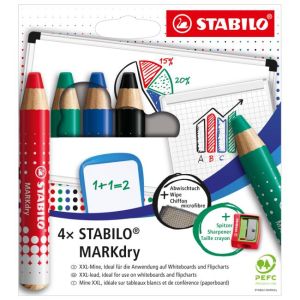 Sada STABILO MARKdry na tabuli a flipchart 4f se struhadlem a utěrkou 