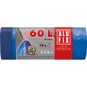 Pytle na odpadky zatahovací, 60 l/15 ks, 27mic., 64 x 70 cm, modré, LDPE 
