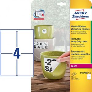 Etikety polyesterové velmi odolné 99,1x139mm Avery A4 bílé odnímatelné 20 archů 
