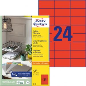 Etikety barevné 70x37mm Avery A4 100 archů červené 