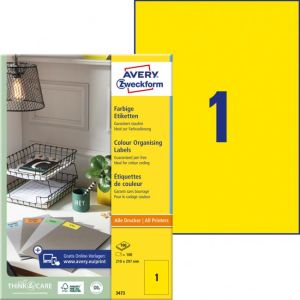 Etikety barevné 210x297mm Avery A4 100 archů žluté 