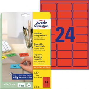 Etikety Avery odnímatelné 63,5x33,9 mm, červené