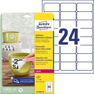 Etikety polyesterové velmi odolné 63,5x33,9mm Avery A4 bílé odnímatelné 20 archů 