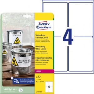 Etikety polyesterové velmi odolné 99,1x139mm Avery A4 bílé 20 archů 