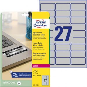Etikety polyesterové velmi odolné 63,5x29,6mm Avery A4 stříbrné 20 archů 