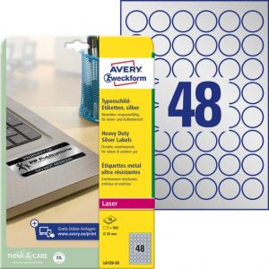 Etikety polyesterové velmi odolné kruhové průměr 30mm Avery A4 stříbrné 20 archů 