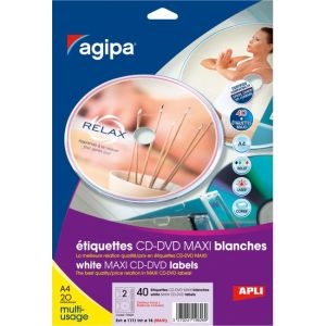 Etikety univerzální na CD/DVD průměr 117,5 -17mm Agipa 20 archů 