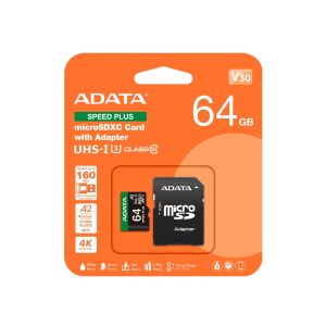 Adata Speed Plus/Micro SD/64GB/UHS-I U3/Class 10/+ Adaptér UD64GUI3V30A2SP-RA1