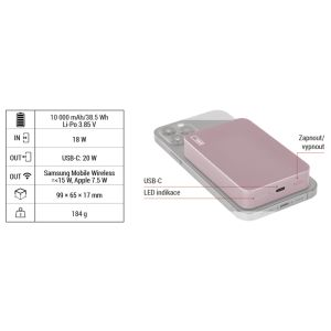 EMOS POWERBANKA WI1046, bezdrôtové nabíjanie 20W, 10.000mAh, LOSOSOVÁ, 1xUSB-C 1613055102