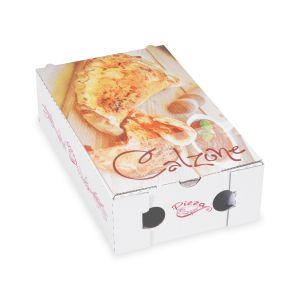 Krabice na pizzu (mikrovlnitá lepenka) R4 Calzone bílá s potiskem 17 x 28 x 7,5 cm [100 ks]