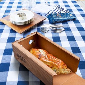 Krabice na pizzu (mikrovlnitá lepenka) R4 Calzone kraft s potiskem 16 x 30 x 10 cm [100 ks]