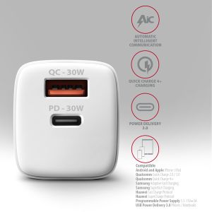 AXAGON ACU-PQ30W Síl nabíjačka do siete 30W, 2x port (USB-A + USB-C), PD3.0/PPS/QC4+/SFC/AFC/Apple ACU-PQ30W