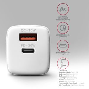 AXAGON ACU-PQ30W Síl nabíjačka do siete 30W, 2x port (USB-A + USB-C), PD3.0/PPS/QC4+/SFC/AFC/Apple ACU-PQ30W