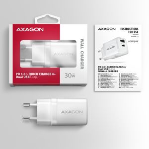 AXAGON ACU-PQ30W Síl nabíjačka do siete 30W, 2x port (USB-A + USB-C), PD3.0/PPS/QC4+/SFC/AFC/Apple ACU-PQ30W