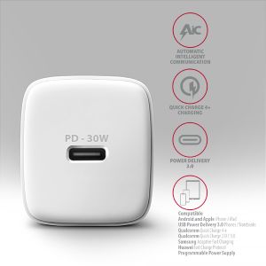AXAGON ACU-PD30W, Sil nabíjačka do siete 30W, 1x port USB-C, PD3.0/PPS/QC4+/SFC/AFC/Apple, biela ACU-PD30W