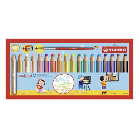 Pastelky STABILO woody 3 v 1 - barvička, vodovka, voskovka - 18 ks + struhadlo a štětec