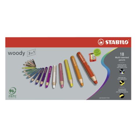 Pastelky STABILO woody 3 v 1 - barvička, vodovka, voskovka - 18 ks + struhadlo