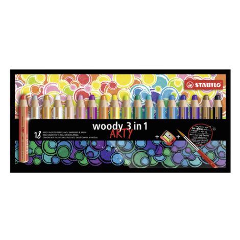 Pastelky STABILO woody 3 v 1 ARTY- barvička, vodovka, voskovka - 18 ks + struhadlo+štětec