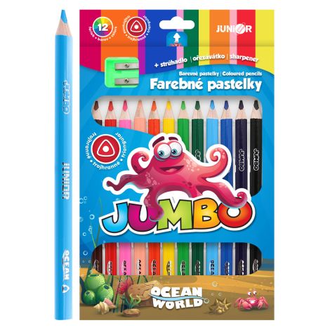 Pastelky JUNIOR Ocean World JUMBO trojhranné - sada 12 ks + struhadlo