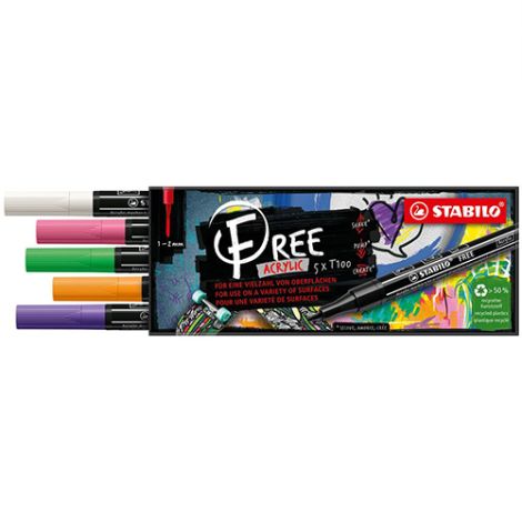 Akrylový popisovač STABILO FREE Acrylic T100 Kulatý hrot 1-2 mm - Spring, sada 5 ks