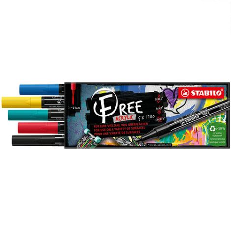 Akrylový popisovač STABILO FREE Acrylic T100 Kulatý hrot 1-2 mm - Royal, sada 5 ks