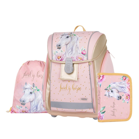 Školní batoh (3-dílný set) PREMIUM LIGHT - Kůň romantic