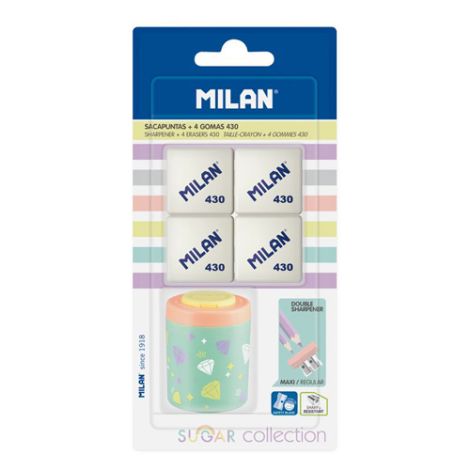 Struhadlo dvojité s nádobkou MILAN Collectuib Pastel + 4 gumy MILAN 430 - blistr