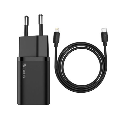 Baseus rýchlonabíjačka do siete Super Si USB-C PD QC 20W čierna s káblom USB-C/Lightning 1m 6953156230057