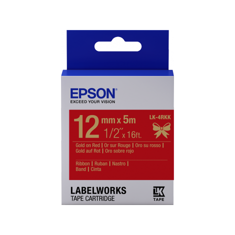 Epson zásobník so štítkami – saténový pásik, LK-4HKK, zlatá/červená, 12 mm (5 m) C53S654033