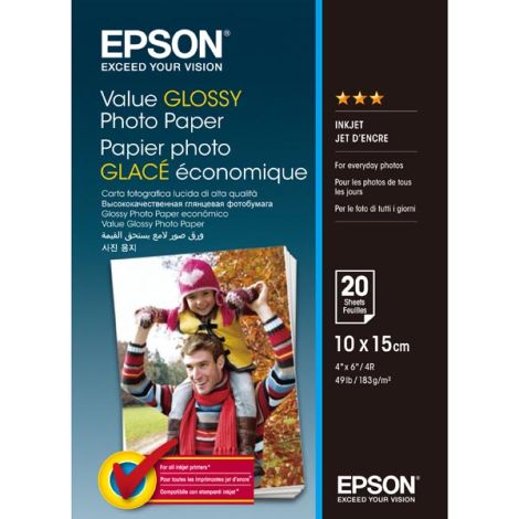 Epson Value Glossy Photo Paper, C13S400037, fotopapír, lesklý, bílý, 10x15cm, 183 g/m2, 20 ks, inkoustový