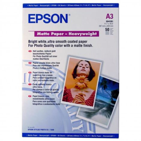 Epson Matte Paper Heavyweight, C13S041261, foto papír, matný, silný typ bílý, Stylus Photo 1270, 1290, A3, 167 g/m2, 50 ks, atra