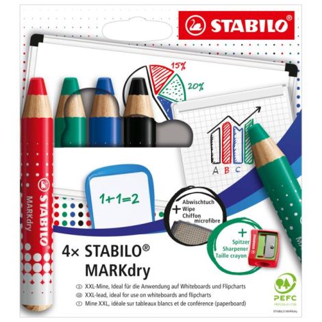 Sada STABILO MARKdry na tabuli a flipchart 4f se struhadlem a utěrkou 