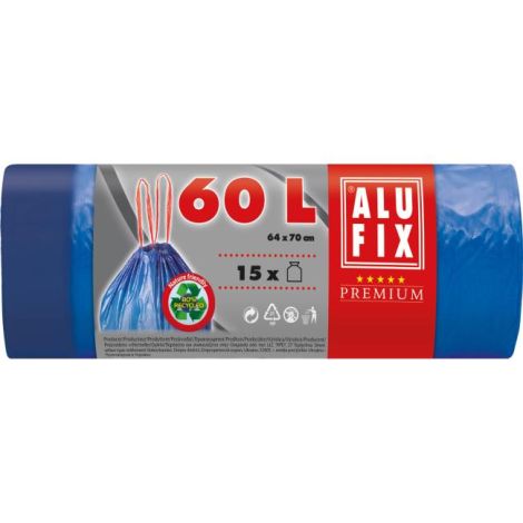 Pytle na odpadky zatahovací, 60 l/15 ks, 27mic., 64 x 70 cm, modré, LDPE 