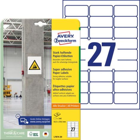 Etikety univerzální 63,5x29,6mm Avery A4, silně lepivé 20 archů 