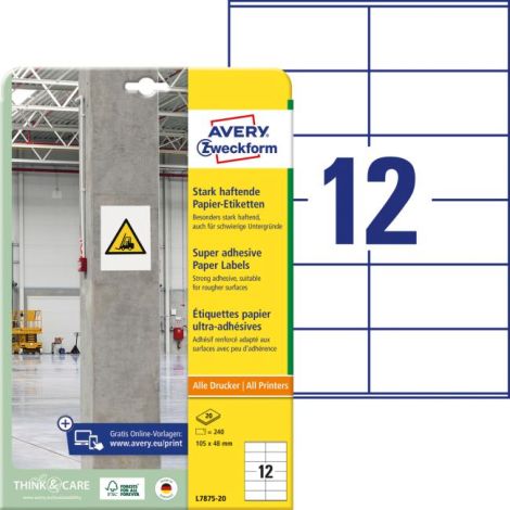 Etikety univerzální 105x48mm Avery A4, silně lepivé 20 archů 