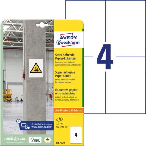 Etikety univerzální 105x148mm Avery A4, silně lepivé 20 archů 