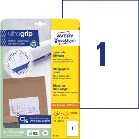 Etikety univerzální 210x297mm Avery A4 25+5 archů 