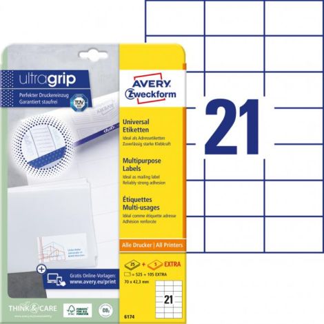 Etikety univerzální 70x42,3mm Avery A4 25+5 archů 