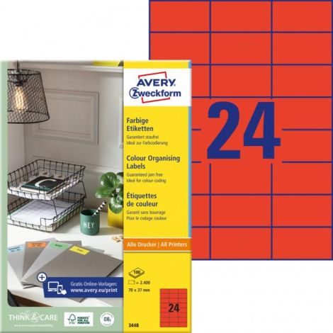 Etikety barevné 70x37mm Avery A4 100 archů červené 