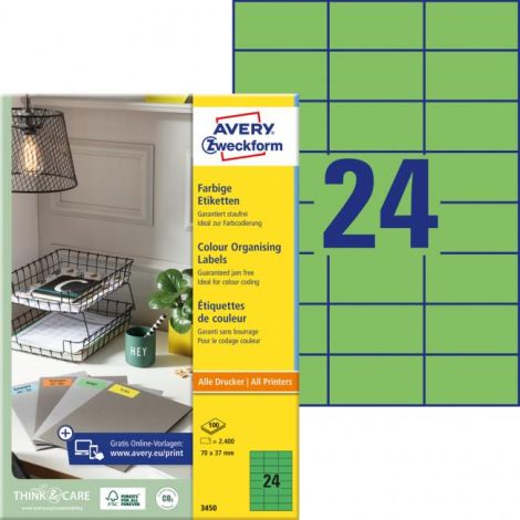 Etikety barevné 70x37mm Avery A4 100 archů zelené 