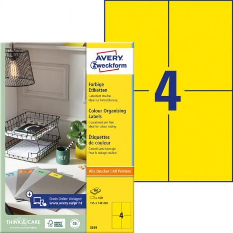 Etikety barevné 105x148mm Avery A4 100 archů žluté 