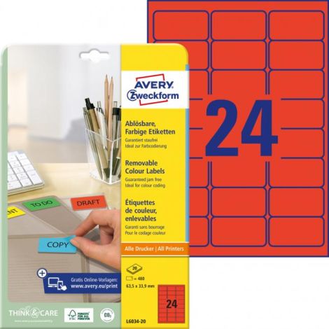 Etikety Avery odnímatelné 63,5x33,9 mm, červené