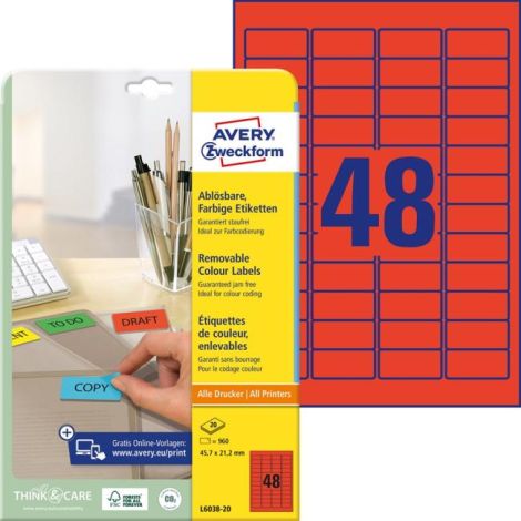 Etikety Avery odnímatelné 45,7x21,2 mm červené