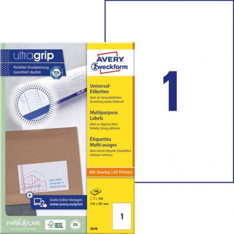 Etikety univerzální 210x297mm Avery A4 100 archů 