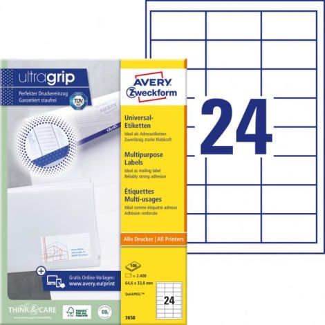 Etikety univerzální 64,6x33,8mm Avery A4 100 archů 