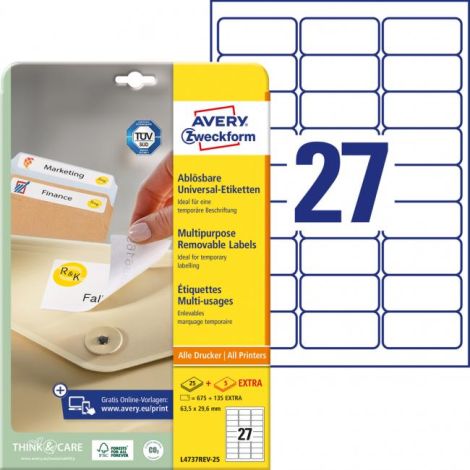 Etikety univerzálně odnímatelné 63,5x29,6mm Avery A4 25+5 archů