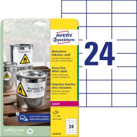 Etikety polyesterové velmi odolné 70x37mm Avery A4 bílé 20 archů 