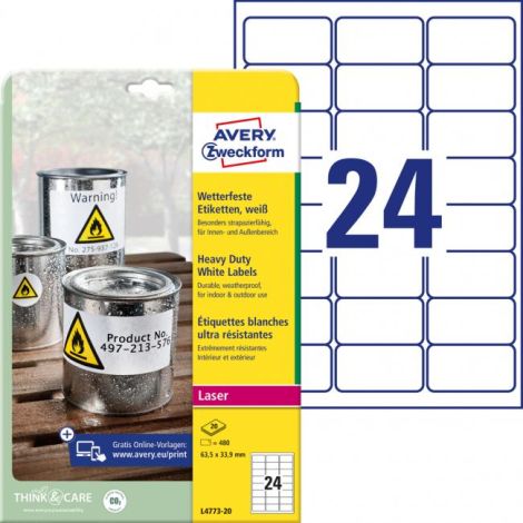 Etikety polyesterové velmi odolné 63,5x33,9mm Avery A4 bílé 20 archů 