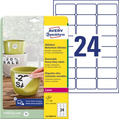Etikety polyesterové velmi odolné 63,5x33,9mm Avery A4 bílé odnímatelné 20 archů 
