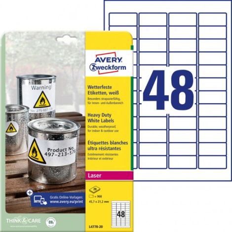 Etikety polyesterové velmi odolné 45,7x21,2mm Avery A4 bílé 20 archů 